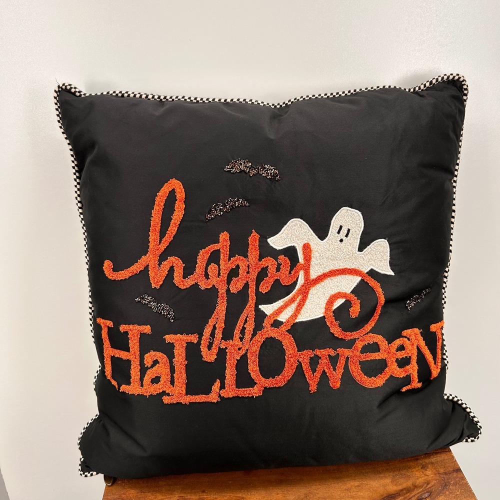 MacKenzie-Childs Happy Halloween Embroidered Ghost Bat Pillow 20x20 75741-1203 - Picture 10 of 16